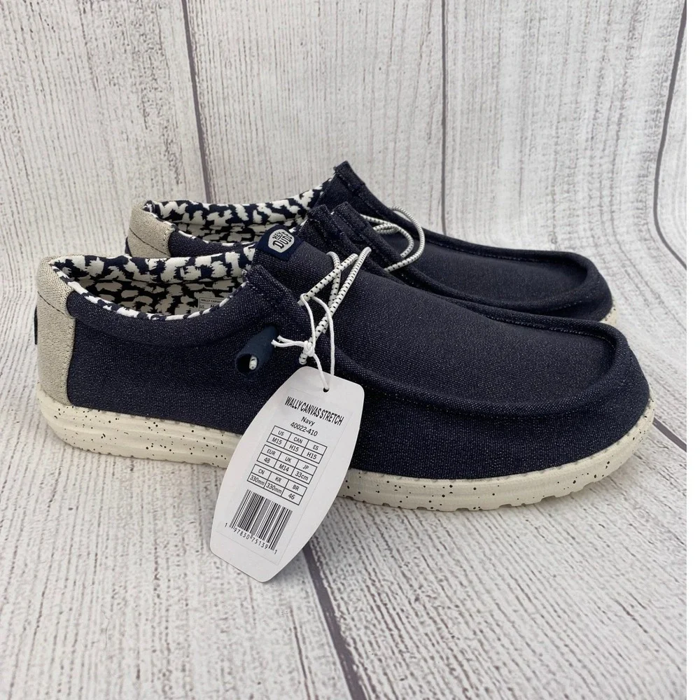 Hey Dude Wally Canvas Stretch Mens 15 Navy Loafers Slip On Shoes Lightweight